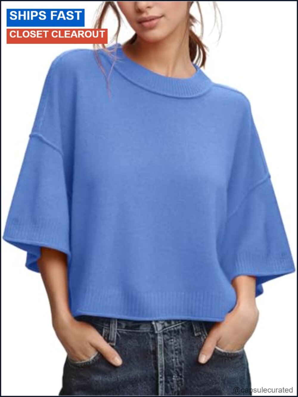 Cropped Knit Sweater 3/4 Sleeve Crew Neck Loose Fit Casual
